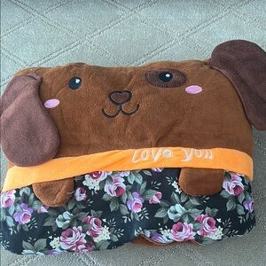 Cute Dog Plush Pillow with Floral Design Turns into Blanket